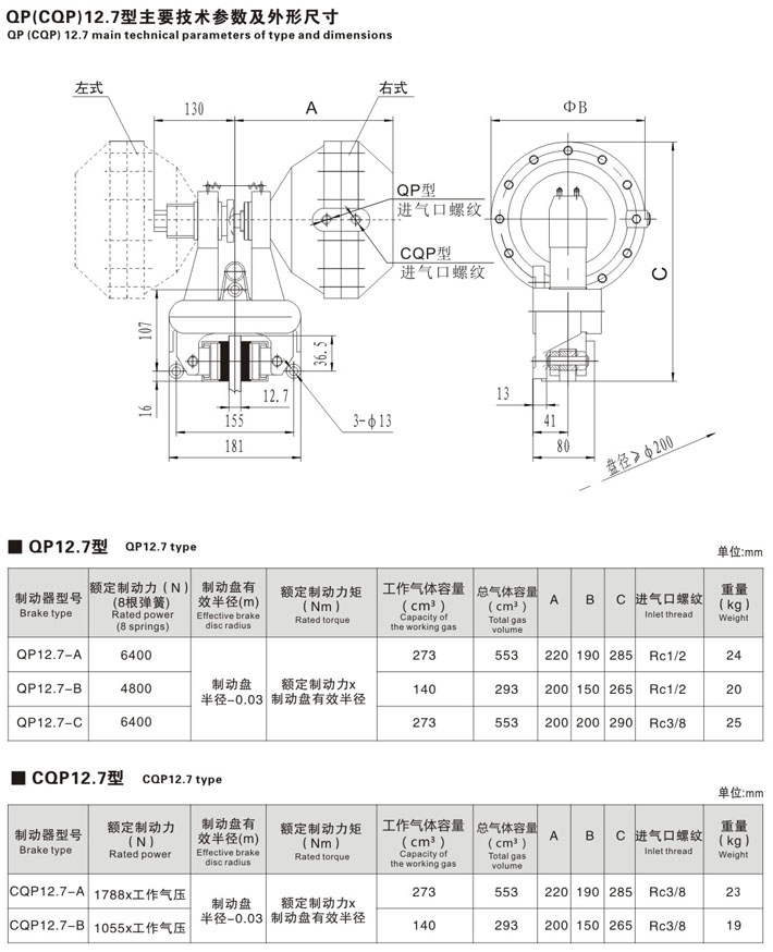 QP(CQP)12.7型气动钳盘制动器